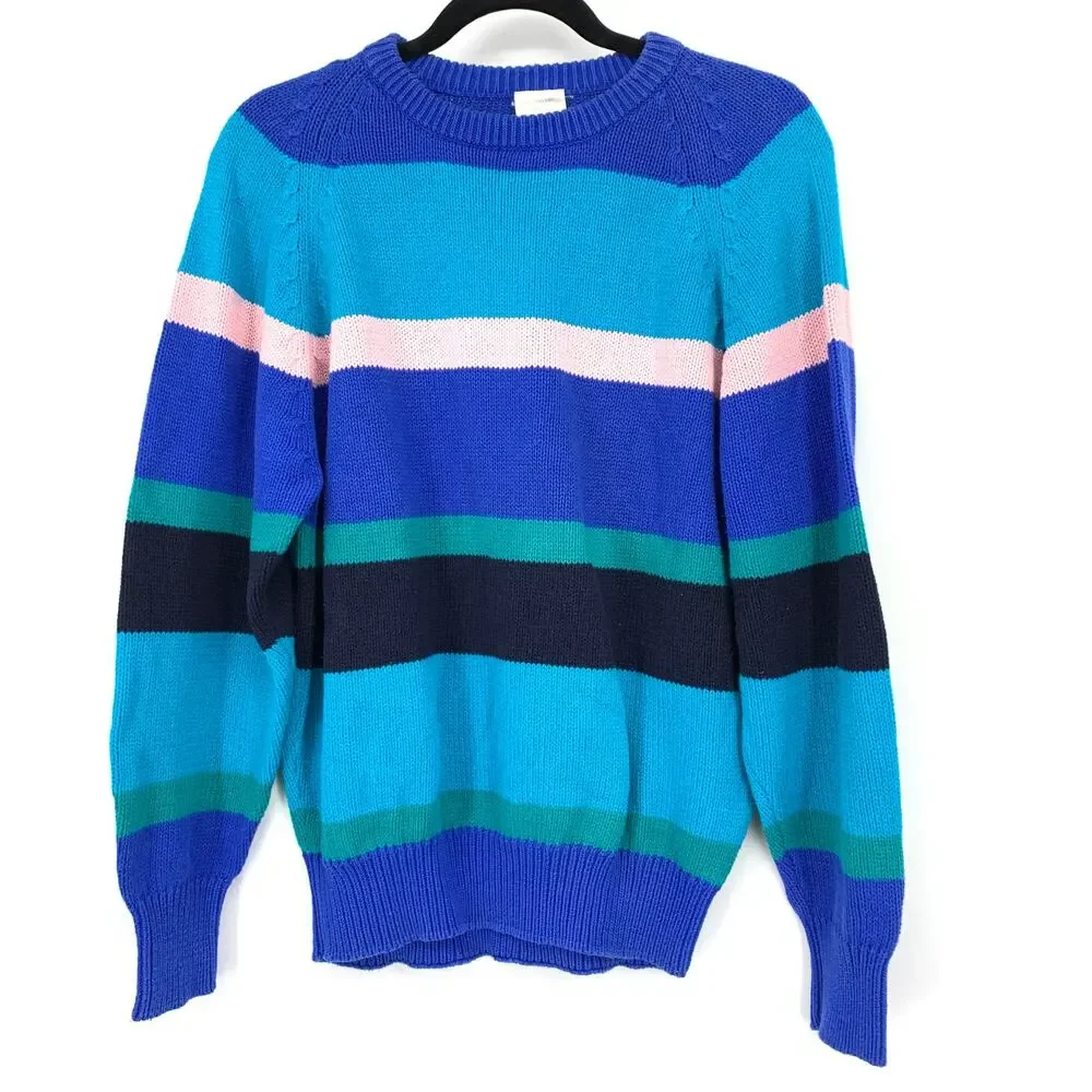 Vintage Pullover Crew Neck Sweater Mens Sz Medium Multicolor Blue Striped Knit